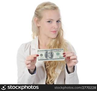 Blonde woman with money . Isolated on white background