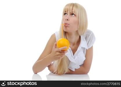 Blonde woman with orange drink. Isolated on white background