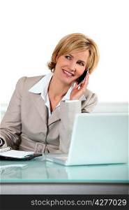 Blonde woman with telephone and computer