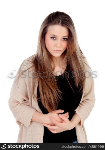 Blonde young girl with with stomach pain isolated on a white background