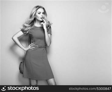 Blonde Young Woman in elegant Summer Dress. Girl posing on a White Background. Jewelry and Hairstyle. Girl with Handbag. Fashion Black and White Photo