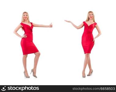Blondie in red dress isolated on white