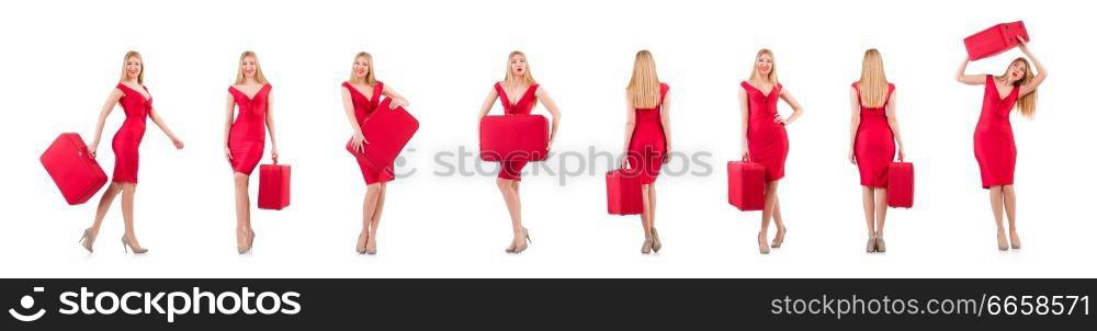 Blondie in red dress with suitcase isolated on white