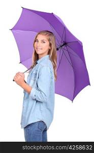 Blondie under an umbrella.