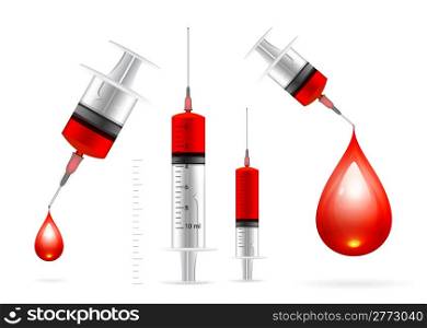 Blood drop and syringe. Vector set illustration on white