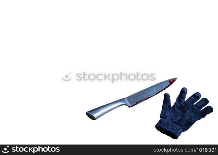 Blood on the blade of a knife. bloody knife horror theme isolated on white background, space for text close-up. Blood on the blade of a knife and black glove. bloody knife horror theme isolated on white background, space for text