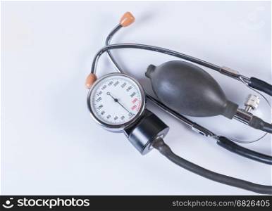 Blood pressure meter medical equipment. Tonometer and stethoscope on white background. Medical equipment