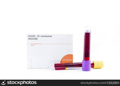 Blood samples and coronavirus vaccinebox for vaccine on white ground