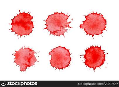 Blood splashes, drops and trail isolated on white background. Blood spatters realistic bloodstains