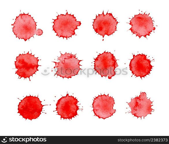 Blood splashes drops isolated on white background. Blood spatters realistic bloodstains