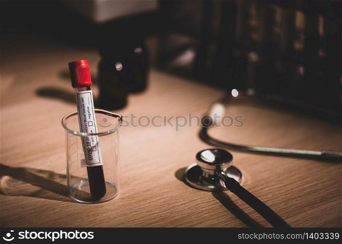 blood Test tube with blood sample for COVID-19 test, novel coronavirus 2019 found in Wuhan, China