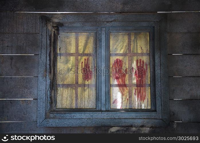 Bloodstained Red Fingerprints on Closed Wooden Window.. Bloodstained Red Fingerprints on Closed Wooden Window