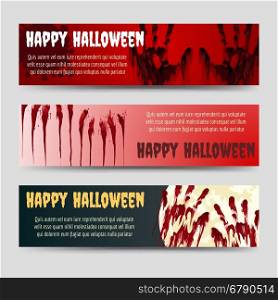 Bloody handprints halloween horizontal banners set. Happy halloween horizontal banners set with blood handprints vector