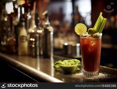 Bloody mary cocktail on bar counter.AI Generative.