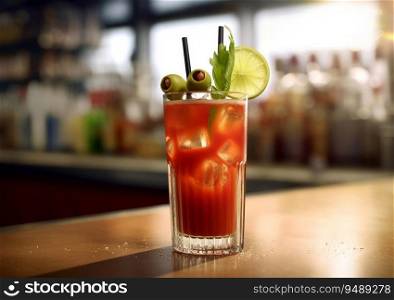 Bloody mary cocktail with celery and lime on bar counter.AI Generative.