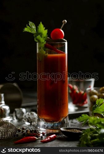 Bloody mary cocktail with red hot peppers and celery on wooden board with bar shaker
