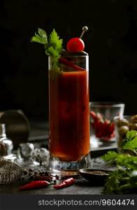 Bloody mary cocktail with red hot peppers and celery on wooden board with bar shaker