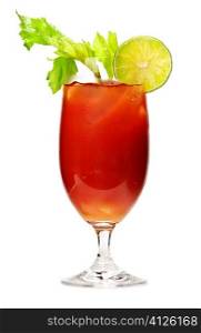 Bloody mary in glass isolated on white background with celery stalk