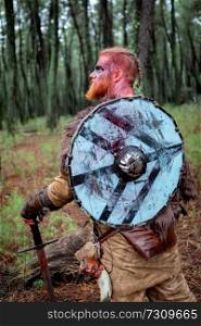 Bloody real viking with his shield in the countryside