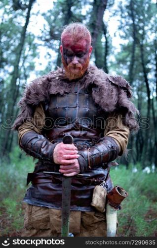 Bloody real viking with his sword in the countryside