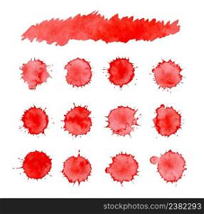 Bloody spots set. Big set red splash. Abstract red ink splatter background. Dripping blood set