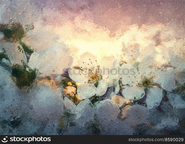 Blooming cherry tree painting. Closeup flower blossoms over sunset background. Seasonal spring beauty