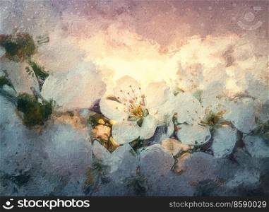 Blooming cherry tree painting. Closeup flower blossoms over sunset background. Seasonal spring beauty