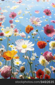 Blooming Colourful Flowers On Blue Sky Background