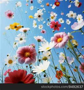 Blooming Colourful Flowers On Blue Sky Background