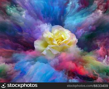 Blooming flower in foam of colorful paint as backdrop for subject of art, creativity and imagination. Custom background series.