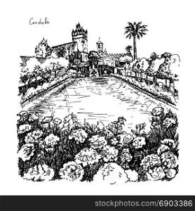 Blooming gardens and fountains of Alcazar de los Reyes Cristianos, royal palace of the cristian kings, in Cordoba, Andalusia, Spain. Picture made liner. Alcazar de los Reyes Cristianos, Cordoba, Spain