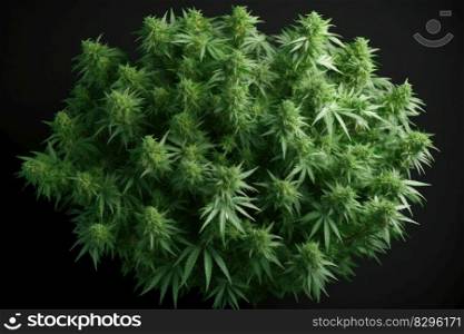 blooming lush green cannabis bush in a flower pot, indoor marijuana growing generative ai.