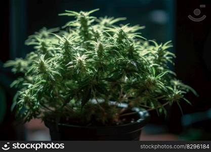 blooming lush green cannabis bush in a flower pot, indoor marijuana growing generative ai.