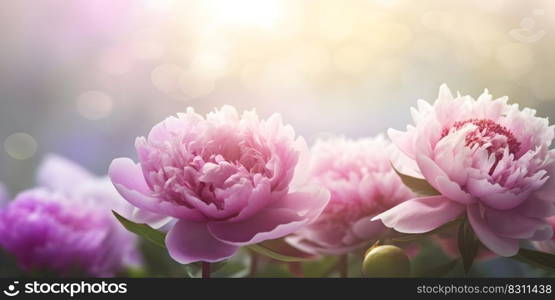 Blooming pink and white peony flowers wide long banner background with copy space and sunlight bokeh. Seasonal invitation and celebration greeting concept. AI Generative content