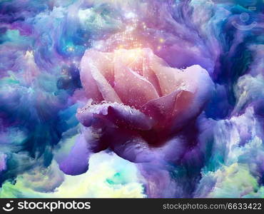 Blooming rose in swirl of colorful paint as backdrop for subject of art, creativity and imagination. Custom background series.