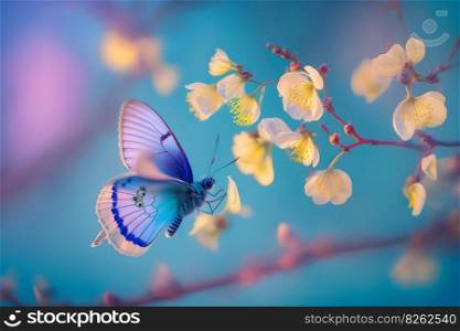 Blooming sakura and butterfly. Neural network AI generated art. Blooming sakura and butterfly. Neural network AI generated