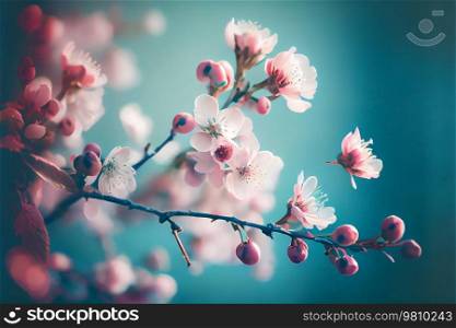 Blooming sakura branch against the blue sky. . Illustration AI Generative 