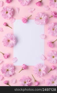 Blooming sakura floral pattern with blank white place for text flat lay top view