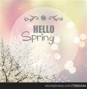 Blooming tree with white buds and flowers on fancy garden background with hello spring greetings. Blooming magnolia tree