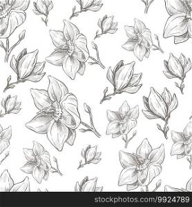 Blossom of flower on stem seamless pattern of monochrome sketch outline. Colorless flora, floral ornament or decoration. Print with blooming petals, elegant flourishing, vector in flat style. Blooming flower on stem, floral decoration seamless pattern