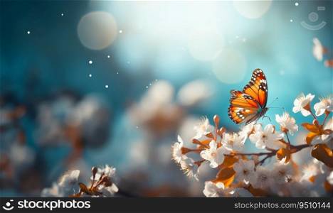 Blossom tree with beautiful butterfly.Spring background, branches of blossoming cherry against background of blue sky and butterflies on nature outdoors. Pink sakura flowers, dreamy romantic image spring, landscape panorama, copy space. space for text. Blossom tree with beautiful butterfly.Spring background, branches of blossoming cherry against background of blue sky and butterflies on nature outdoors. Pink sakura flowers, dreamy romantic image spring, landscape panorama, copy space.