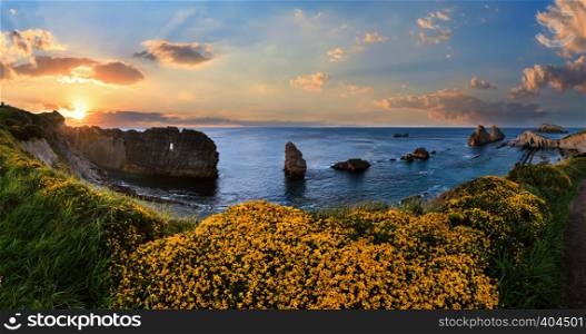 Blossoming Arnia Beach (Spain). Atlantic Ocean evening coastline landscape.