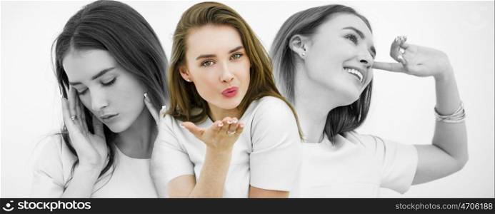 Blow kiss, young caucasian female model isolated on white background