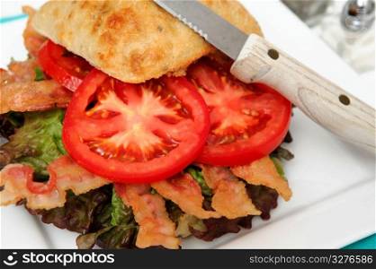 BLT On A Ciabatta Roll. Bacon lettuce and tomato sandwich also known as a BLT on a Ciabatta roll served on a plate