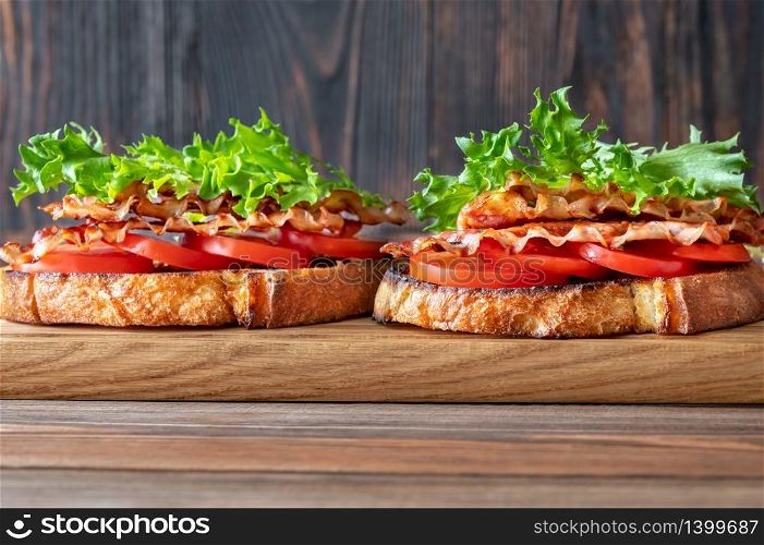 BLT sandwiches with bacon, lettuce and tomatoes