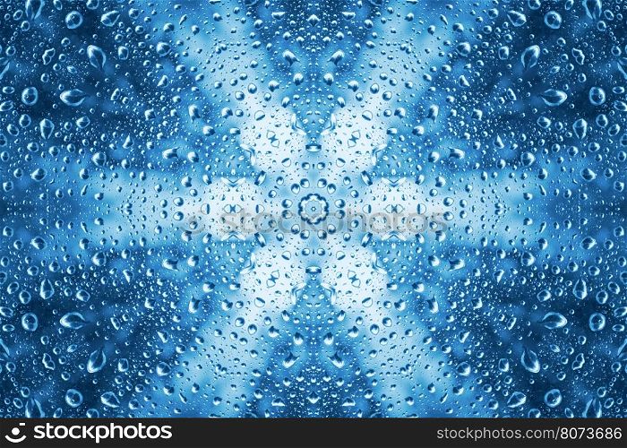 Blue abstract pattern of water drops on glass