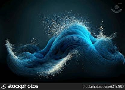 Blue abstract wave. Water splashes and glow on black background. Generative AI technology. Blue abstract wave. Water splashes and glow on black background. AI generated