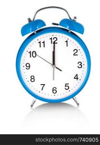blue alarm clock on a white background. a wake white dial