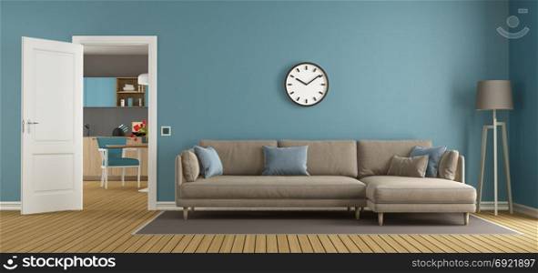Blue and brown living room with kitchen. Blue and brown living room with open door and modern kitchen on background - 3d rendering