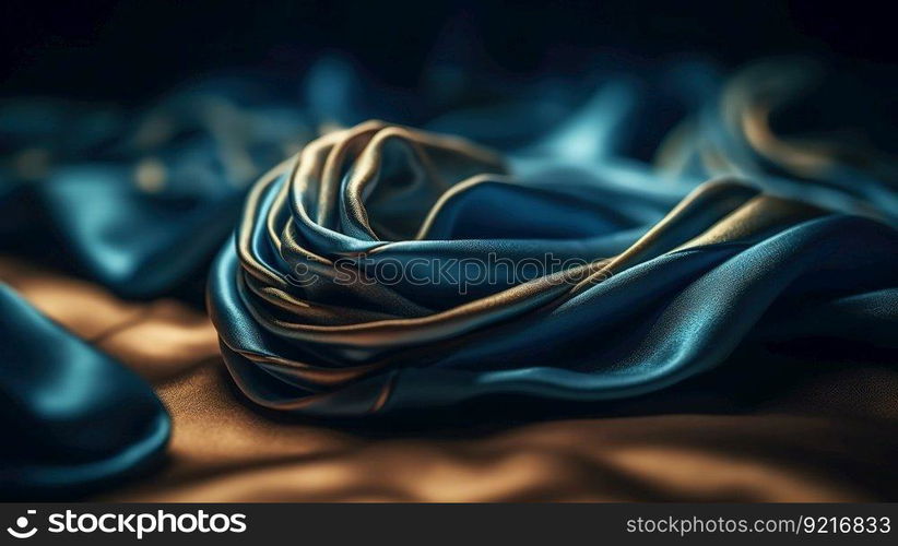 Blue and Gold Fabric in Wavy Bokeh Abstract Background. Generative AI